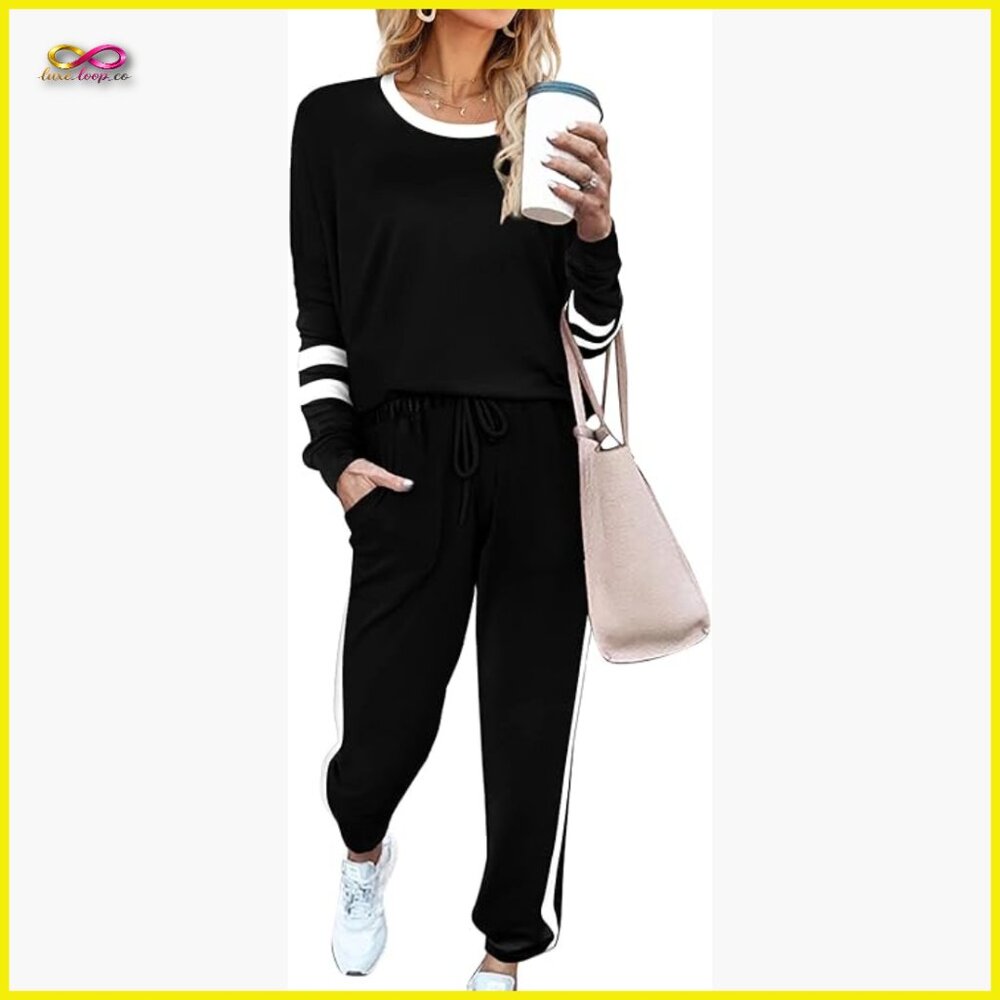 Striped Long Sleeve Sweatsuit Set Loose Fit Tracksuit Loungewear Activewear